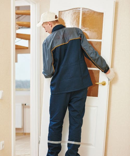 Internal door fitting in Newcastle Door fitter hanging a white glazed internal door