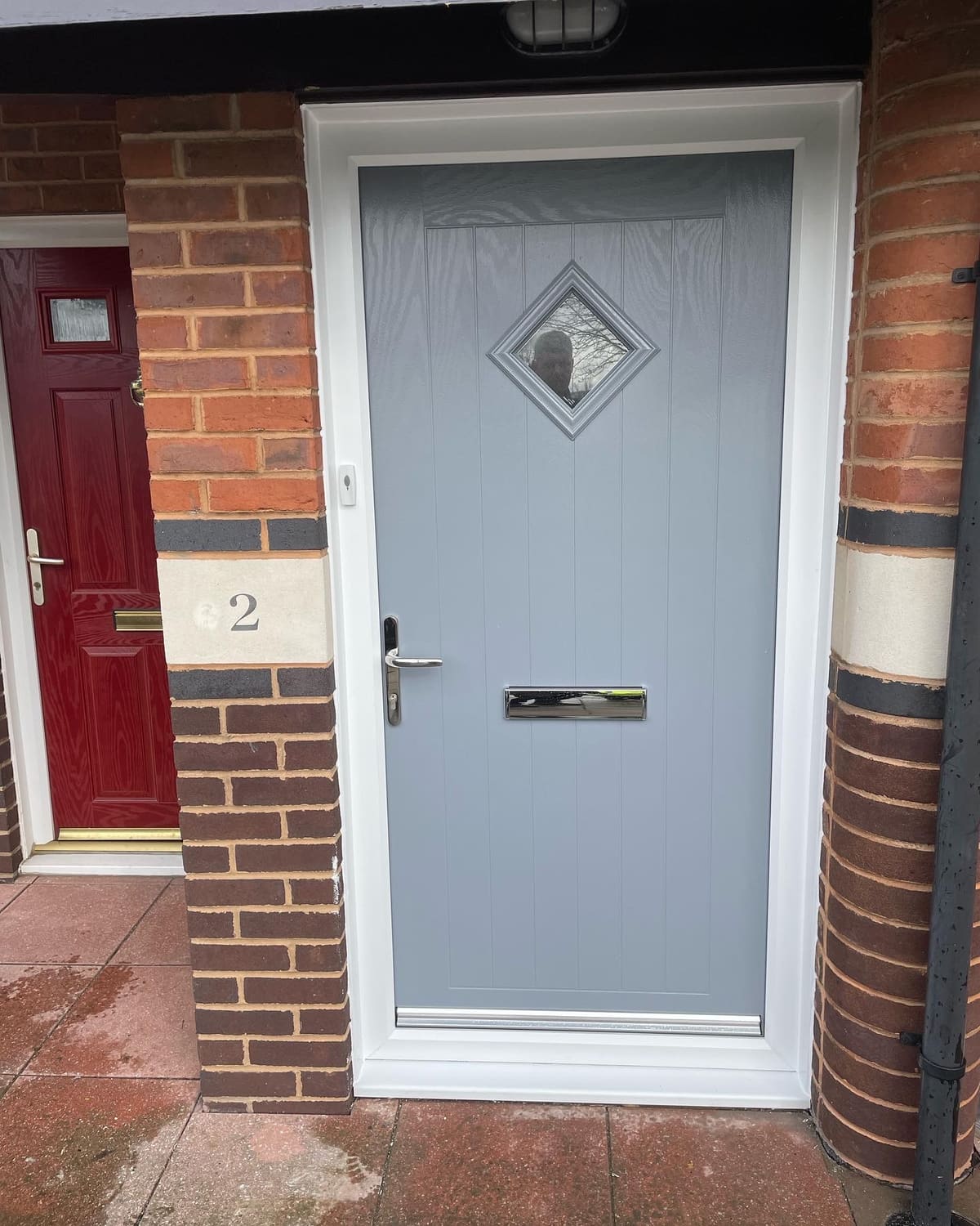 Grey composite front door, Newcastle Grey composite front door with diamond glass fitted to a brick house in Newcastle
