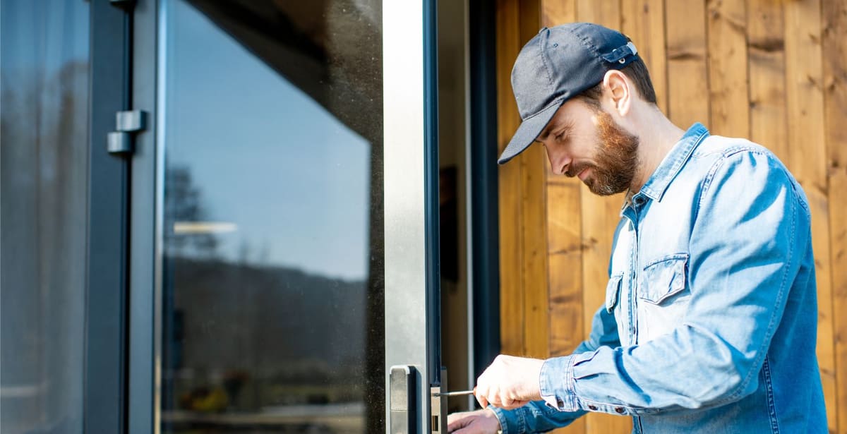 Door installer in Newcastle Joiner fitting a lock to a new glazed door